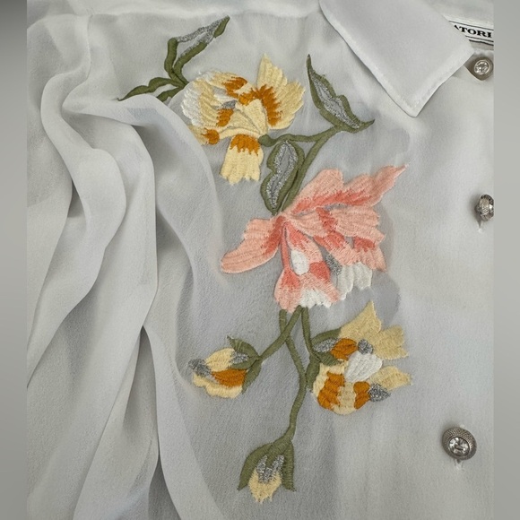 Vintage Natori Top Nightgown White Sheer Blouse floral embroidered - Picture 6 of 10